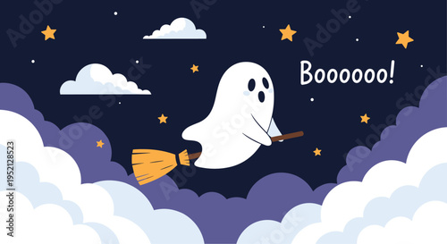 Friendly little white ghost flies through the starry night sky on a broomstick above fluffy clouds while saying boo.
