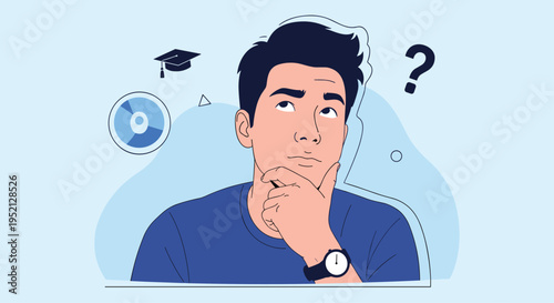 Young man looks upwards thoughtfully with icons of a graduation cap, CD, and a question mark floating in the background.