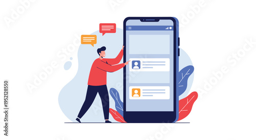 Small man in a red sweater interacts with a giant blue smartphone showing contact profiles and message bubbles in the background.