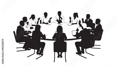 Diverse Business Team Silhouette Having a Productive Meeting and Brainstorming Session Around a Large Round Table Isolated on White Background