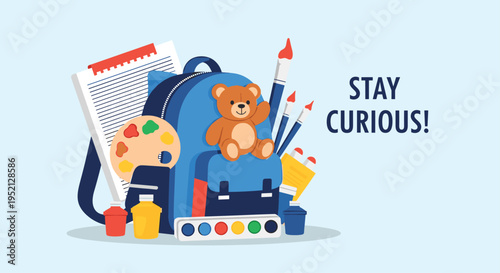 Blue school backpack is filled with art supplies like brushes, a palette, and paints, accompanied by a cute teddy bear and stay curious text.