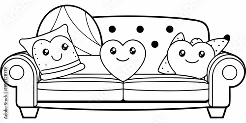 living room interior illustration with smiling heart pillow and plants.