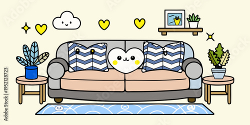 living room interior illustration with smiling heart pillow and plants.
