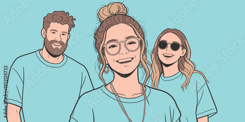 Three young people wear matching t-shirts and smile in a bright blue background during a fun gathering or event