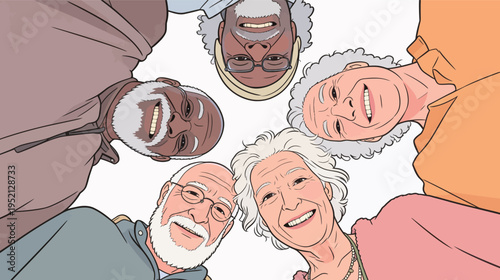 Group of older adults smiling and posing together in a fun and friendly manner during a gathering in a bright setting