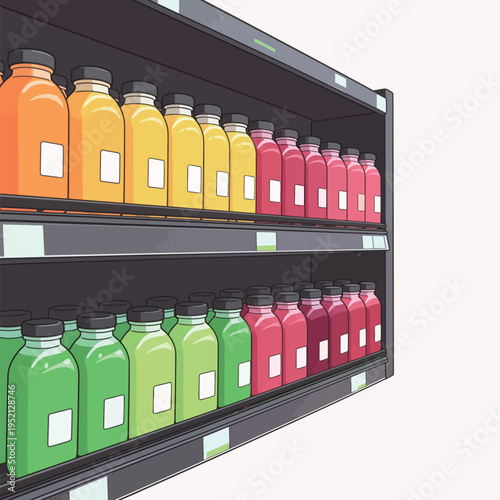 Colorful juice bottles are neatly arranged on the shelves in a store during daylight hours