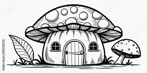 Cute fantasy mushroom house at night with moon and plants vector illustration