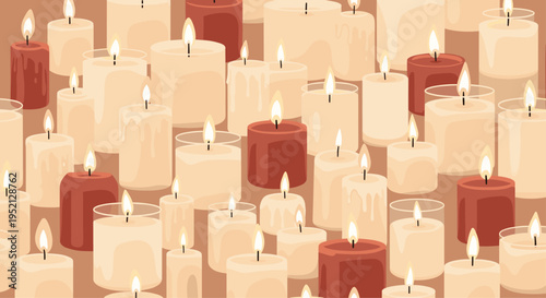 Dense pattern shows a large number of lit candles in various sizes and colors like cream and deep red, creating a warm atmosphere.