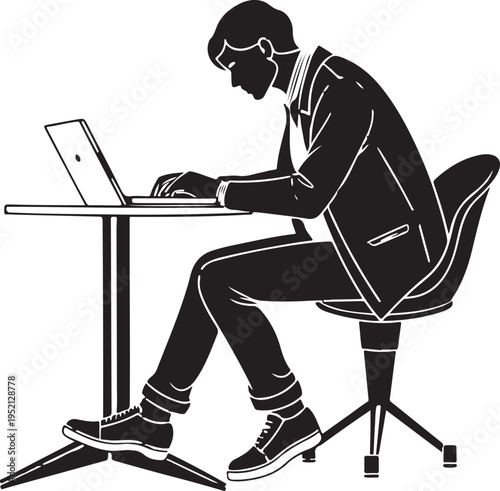 Premium black silhouette vector of professional working on laptop at desk modern remote work business lifestyle flat design