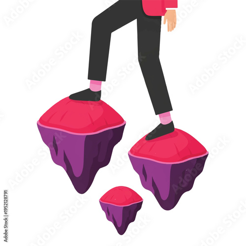 Person walking on floating islands, representing progress, challenges, and overcoming obstacles in a surreal landscape.