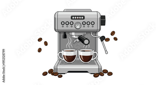 Sleek silver espresso machine is shown in operation brewing two cups of dark coffee, surrounded by scattered coffee beans.