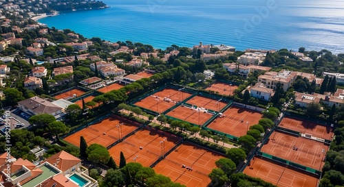High Angle Aerial View of Multiple Clay Tennis Courts in a Luxury Coastal Mediterranean Resort with Blue Sea Background