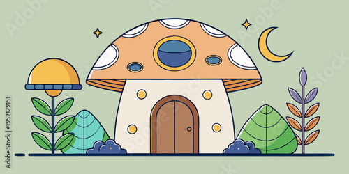 Cute fantasy mushroom house at night with moon and plants vector illustration
