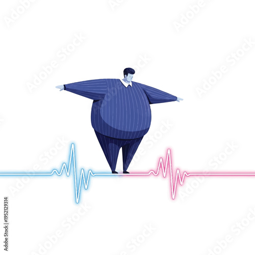 Overweight man balancing on a line between two heartbeats, symbolizing health and lifestyle choices