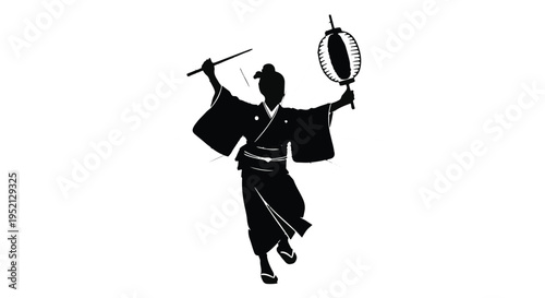 Graceful dancer in traditional kimono with festive lantern and fan