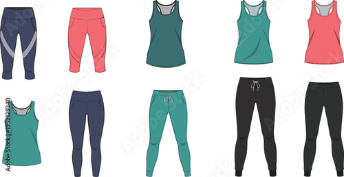 Flat Vector Illustration of Women's Activewear Collection Featuring Racerback Tank Tops Leggings and Jogger Sweatpants in Teal Pink and Navy