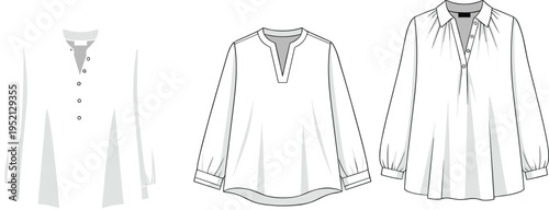 Flat Vector Illustration of Women's Long Sleeve Blouse Technical Sketches Featuring Button Placket V-Neckline and Collared Tunic Tops Fashion Templates