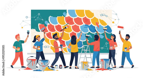 Diverse group of people collaborating to paint a vibrant mural, symbolizing teamwork and creativity