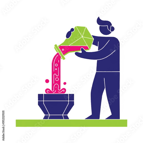 Abstract illustration of a person pouring pink liquid from a geometric container into a bowl, symbolizing creation and innovation.