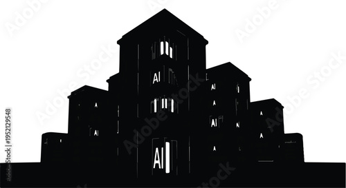 Dark silhouette of a cluster of buildings with glowing windows against a stark white background.