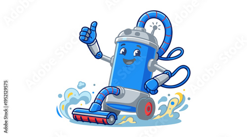 Cute blue vacuum cleaner robot mascot character giving a thumbs-up, cartoon illustration for cleaning services or products.