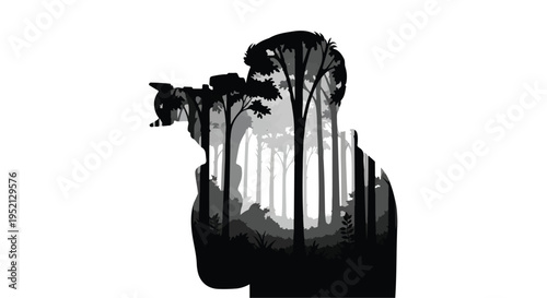 Silhouette of photographer capturing a serene forest landscape within their profile