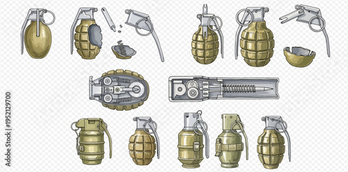 Set of hand grenades, showing various types and internal mechanisms of these explosive devices.
