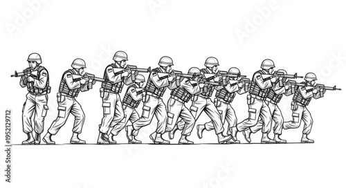 Line of Soldiers Advancing with Rifles in Black and White.