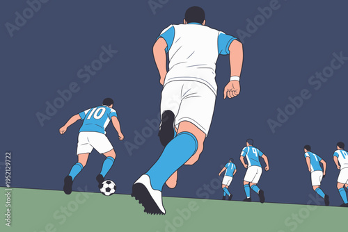 Players run towards the soccer ball during a game at a stadium in the evening under a dark sky