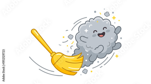 Cute cartoon broom sweeping a happy, fluffy dust bunny with sparkles, illustrating cleaning and tidiness.