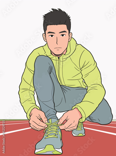 Man ties his shoelaces before starting a run on a sports track during daytime