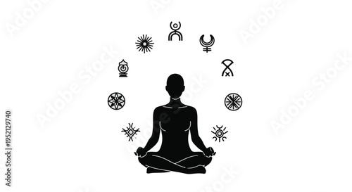 Silhouette meditating figure surrounded by diverse spiritual and cultural symbols