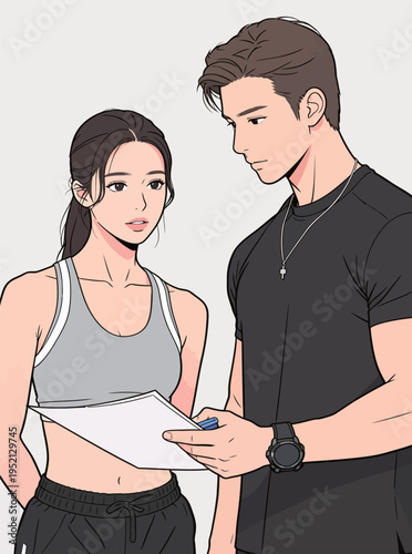 Young man and woman discuss fitness plans in gym setting during daytime
