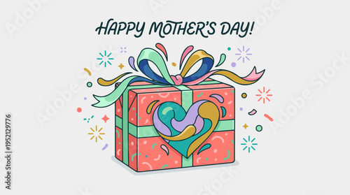 A vibrant illustration celebrating Mother's Day, featuring a beautifully wrapped gift box with a colorful ribbon and a heart design, surrounded by festive confetti and sparkles.