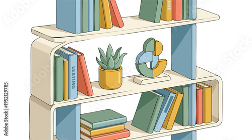 A modern, light-colored bookshelf filled with colorful books and decorative items like a succulent plant and an abstract sculpture.