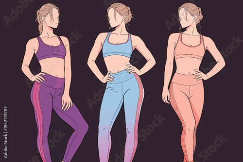 Women in workout clothes show different styles and colors for fitness activities in a simple setting