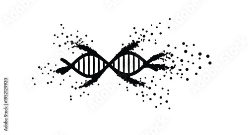 Abstract representation of DNA molecule fragmenting into particles, symbolizing decay or transformation.