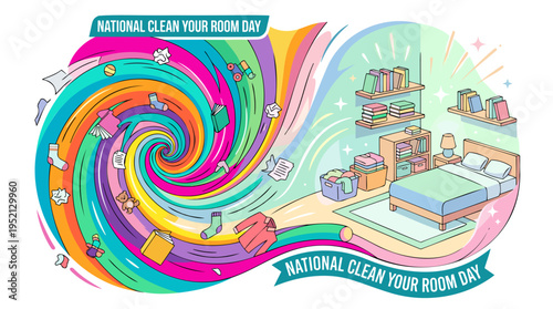 An illustration celebrating National Clean Your Room Day, showing a transformation from a messy, cluttered space with items swirling into a colorful vortex to a tidy, organized bedroom.