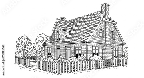 Detailed Sketch of a Quaint House with a Picket Fence.