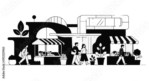 People strolling past cheerful shops and market stalls on a sunny day