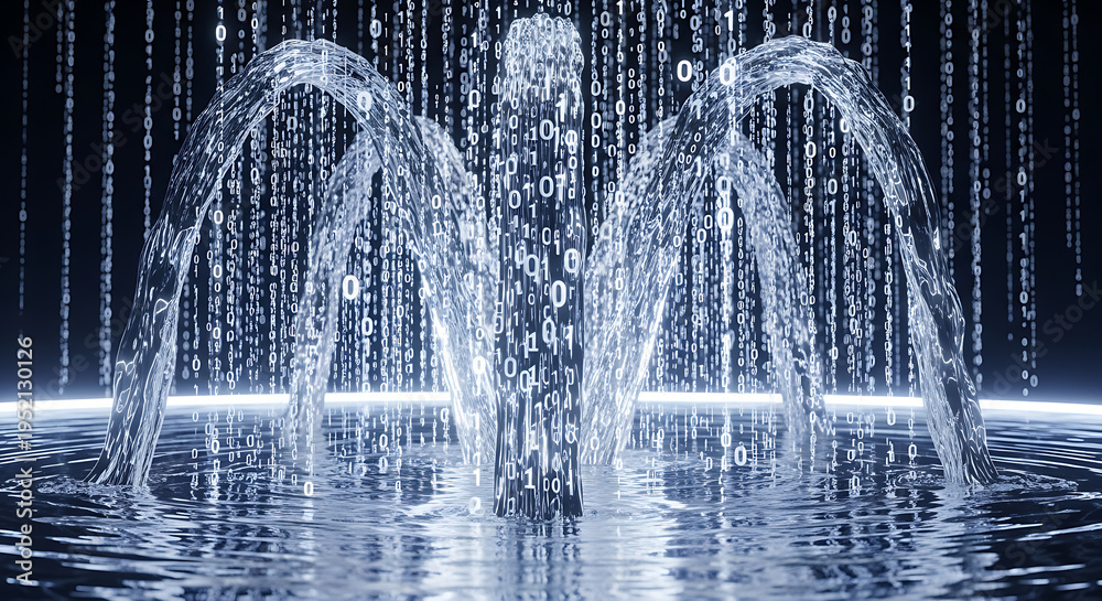 Fototapeta premium Digital fountain with glowing binary code streams splashing in a dark futuristic environment