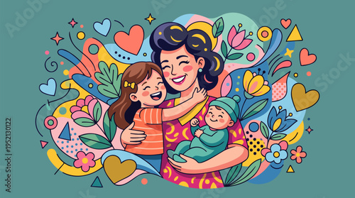 A joyful mother lovingly embraces her daughter and baby, surrounded by a vibrant, colorful, and abstract background filled with hearts and flowers, symbolizing family love and happiness.