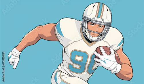 Football player runs with ball during game in urban stadium on sunny day