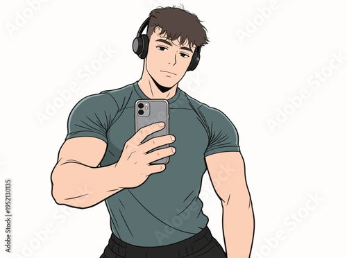 Young man taking a selfie while wearing headphones in a casual setting and focusing on his workout