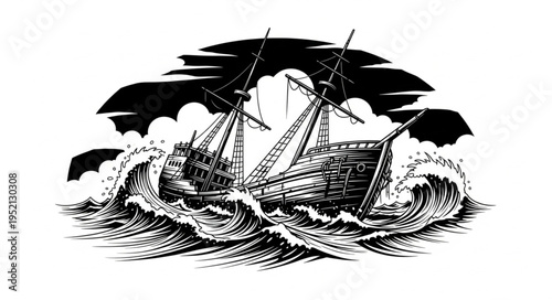 Ship in a Storm - A Vintage Illustration of a Vessel Battling Rough Seas.