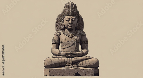 Ancient Stone Sculpture of a Meditating Figure with Ornate Headdress.