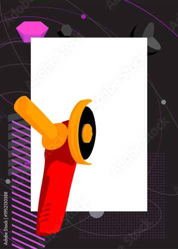 Angle grinder geometrical graphic retro theme background. Minimal geometric elements. Vintage abstract shapes vector illustration.