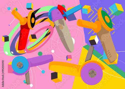 Angle grinder geometrical graphic retro theme background. Minimal geometric elements. Vintage abstract shapes vector illustration.