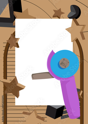 Angle grinder geometrical graphic retro theme background. Minimal geometric elements. Vintage abstract shapes vector illustration.