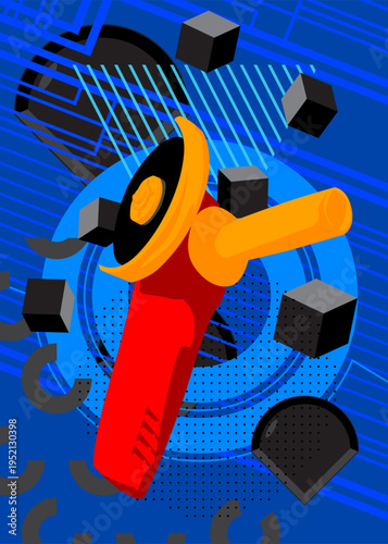 Angle grinder geometrical graphic retro theme background. Minimal geometric elements. Vintage abstract shapes vector illustration.